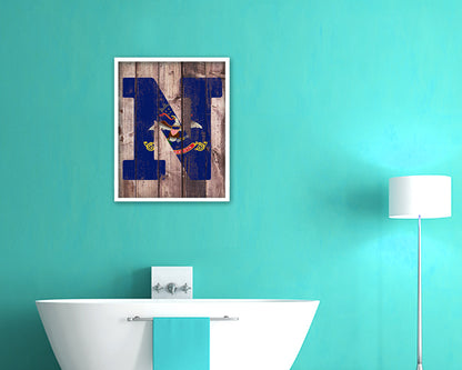 North Dakota State Initial Flag Wood Framed Paper Print Decor Wall Art Gifts, Wood
