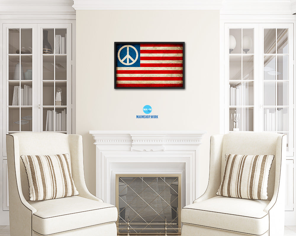 Peace Sign American Vintage Military Flag Framed Print Sign Decor Wall Art Gifts