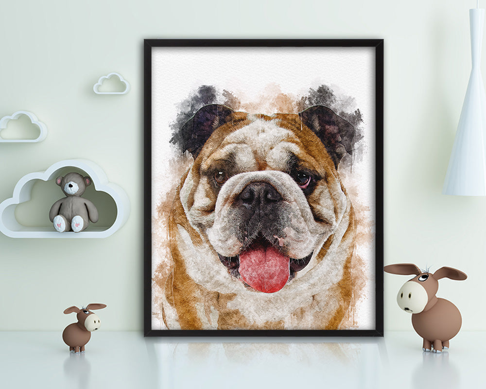 English Bulldog Dog Puppy Portrait Framed Print Pet Watercolor Wall Decor Art Gifts