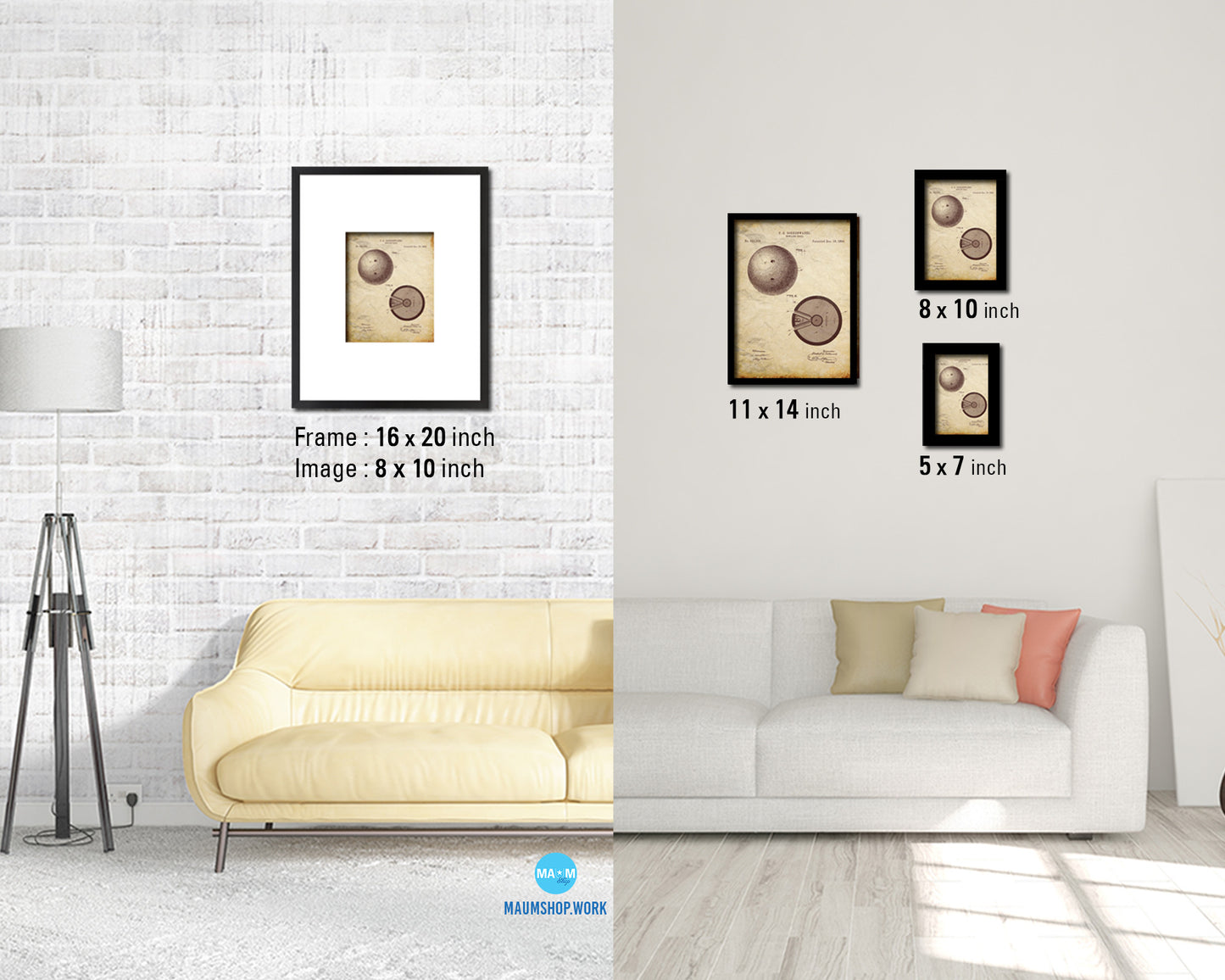 Bowling Ball Sports Vintage Patent Artwork Walnut Frame Gifts