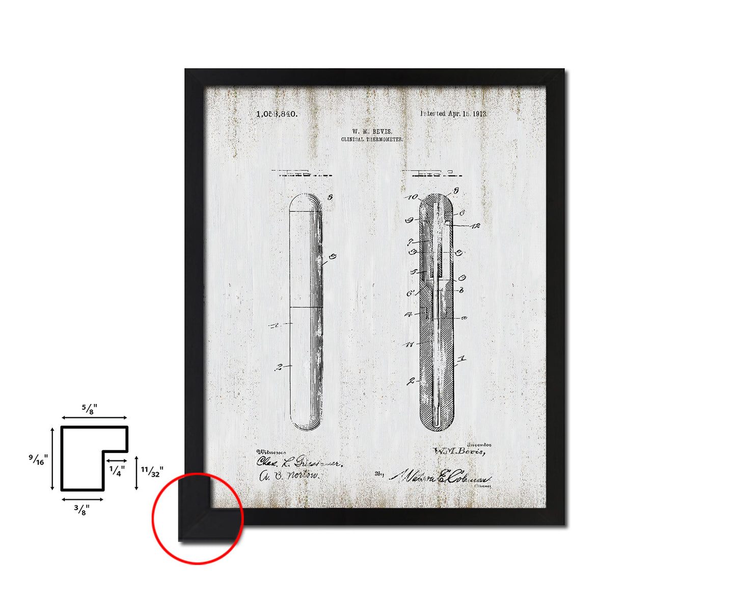 Tools Bevis Clinical Thermometer Doctor Vintage Patent Artwork Black Frame Print Gifts