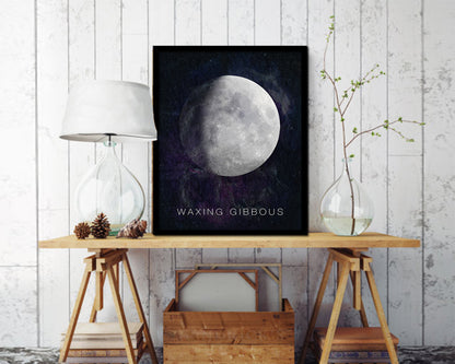 Waxing Gibbous Lunar Phases Moon Watercolor Nursery Framed Prints Home Decor Wall Art Gifts