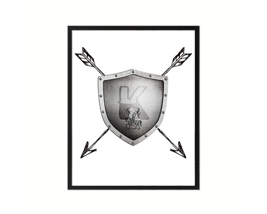 Letter K Medieval Castle Knight Shield Sword Monogram Framed Print Wall Art Decor Gifts