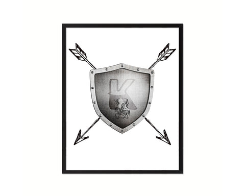 Letter K Medieval Castle Knight Shield Sword Monogram Framed Print Wall Art Decor Gifts