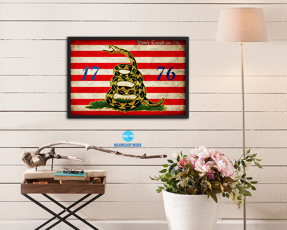 First Navy Jack Don't Tread On Me 1776 Tea Party Vintage Military Flag Framed Print Art