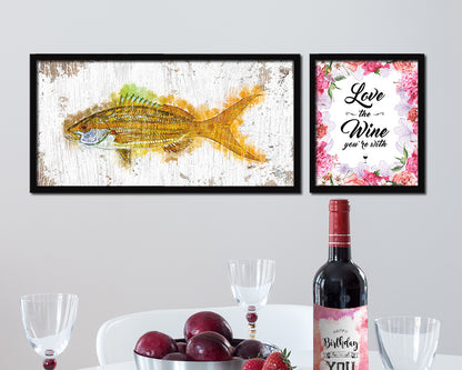 Yellowtail Snapper Fish Art Wood Frame Shabby Chic Restaurant Sushi Wall Decor Gifts, 10" x 20"