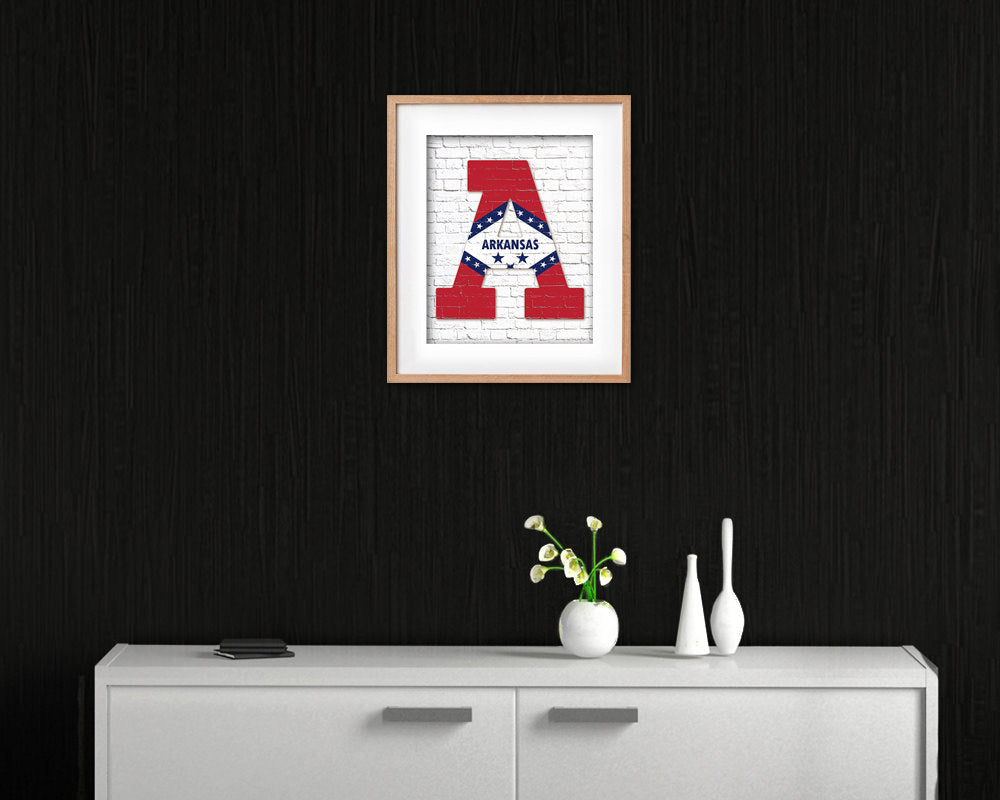 Arkansas State Initial Flag Wood Framed Paper Print Decor Wall Art Gifts, Brick