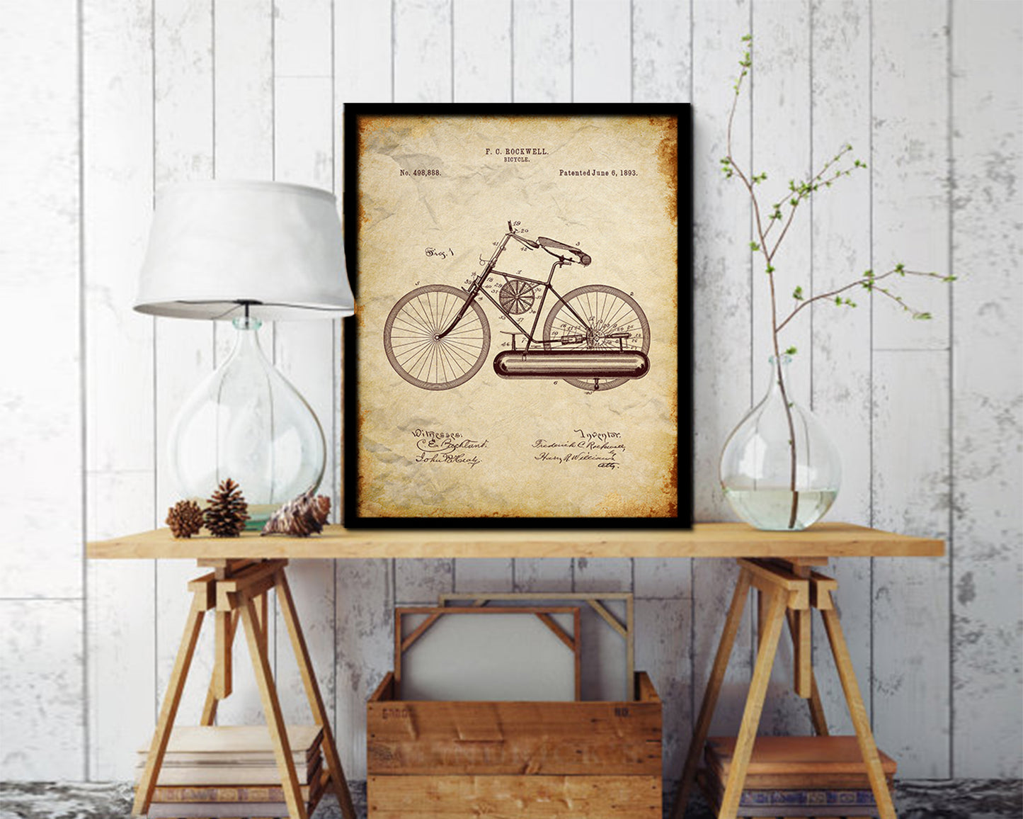 Vehicle Bicycle Vintage Patent Artwork Walnut Frame Print Wall Art Decor Gifts