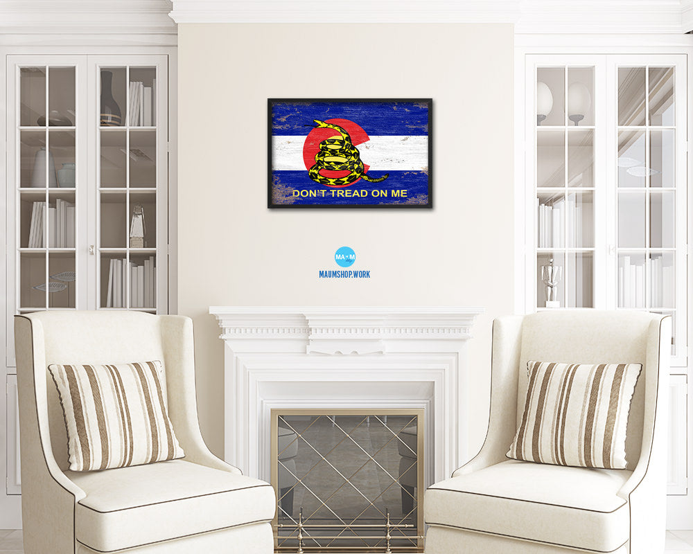 Gadsden Don't Tread On Me Colorado State Shabby Chic Military Flag Framed Print Art