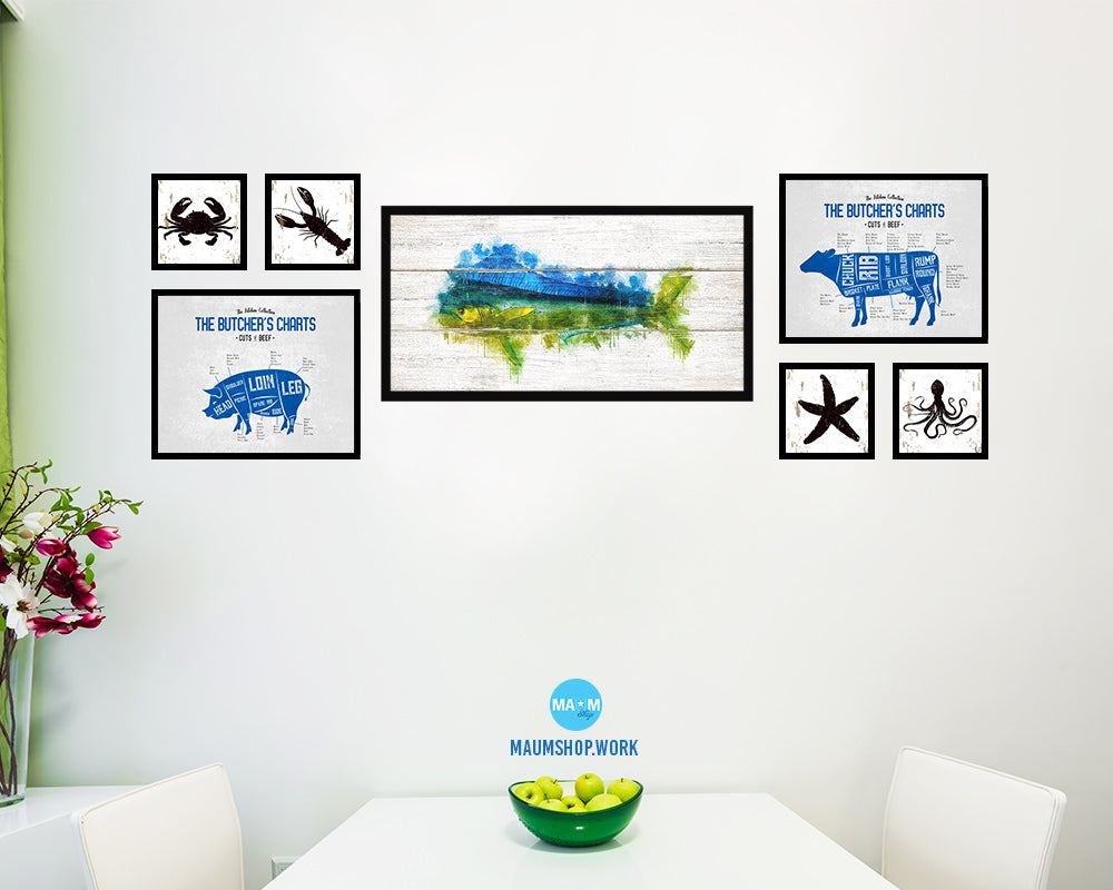 Dorado Fish Art Wood Framed White Wash Restaurant Sushi Wall Decor Gifts, 10" x 20"