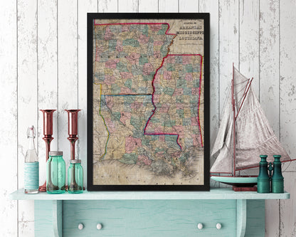 Arkansas Louisiana Mississippi Historical Map Wood Framed Print Art Wall Decor Gifts