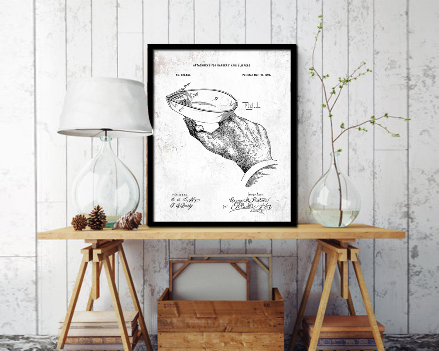 Barber Hair Clipper Barbershop Vintage Patent Artwork Black Frame Print Wall Art Decor Gifts