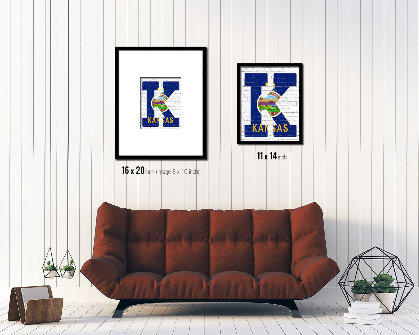 Kansas State Initial Flag Wood Framed Paper Print Decor Wall Art Gifts, Brick