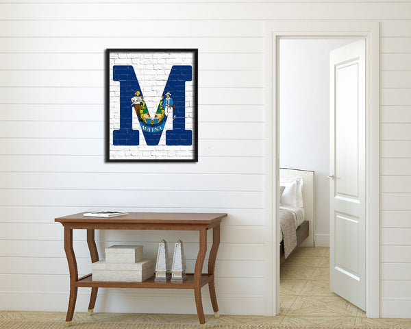 Maine State Initial Flag Wood Framed Paper Print Decor Wall Art Gifts, Brick