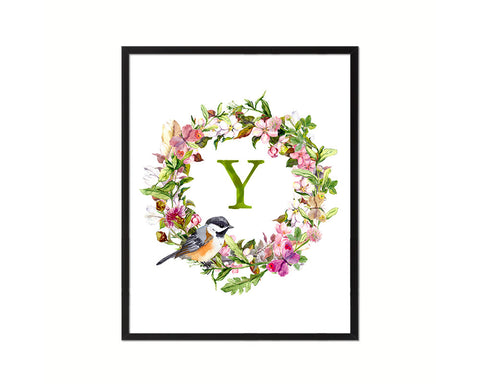 Letter Y Floral Wreath Monogram Framed Print Wall Art Decor Gifts