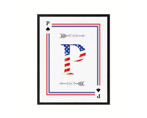 Letter P Custom Monogram Card Decks Spade American Flag Framed Print Wall Art Decor Gifts