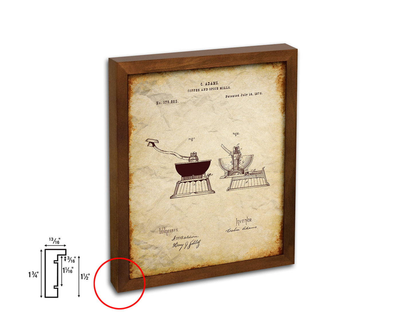 Spice Mills 1876 Coffee Vintage Patent Artwork Walnut Frame Print Wall Art Decor Gifts