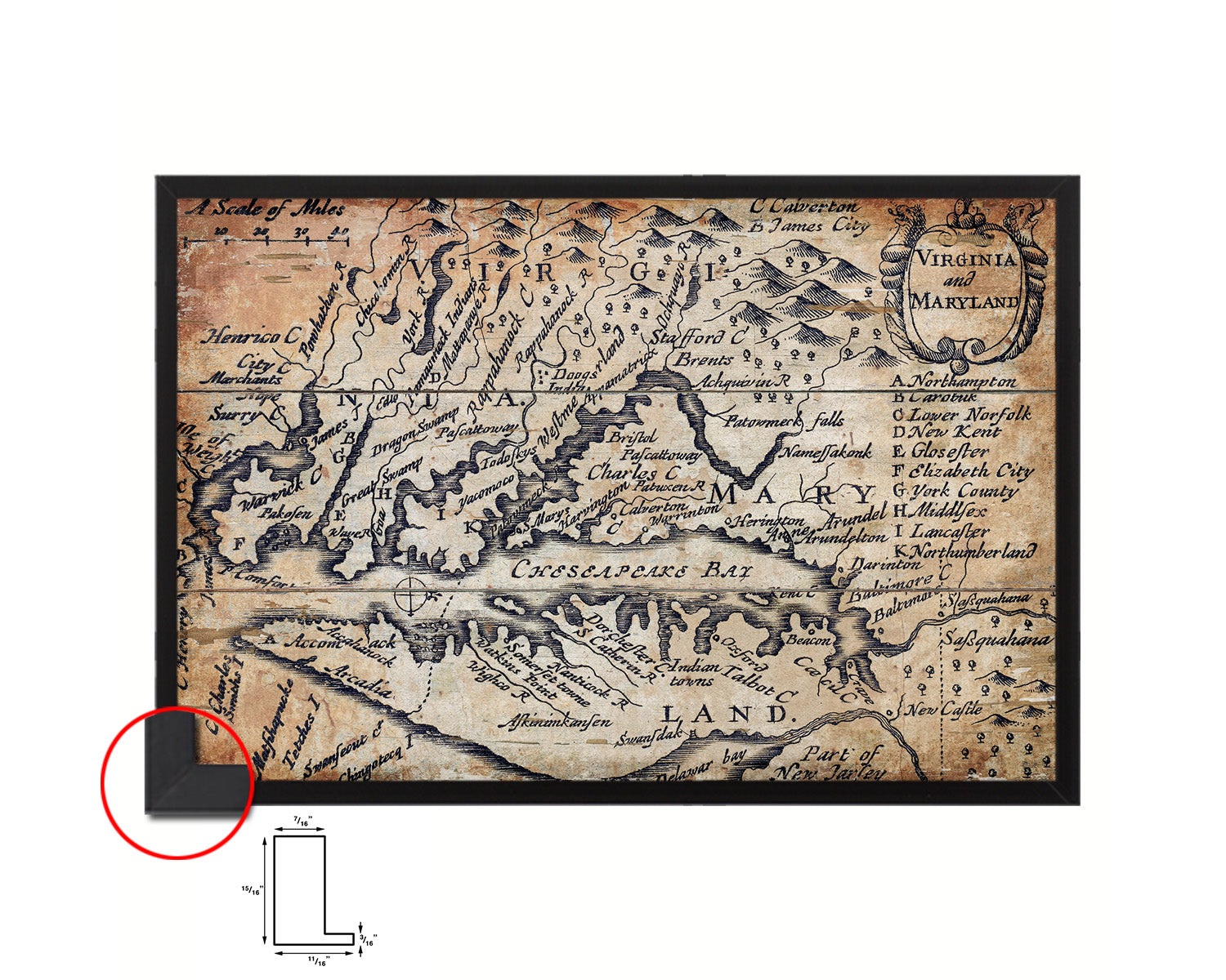 Virginia and Maryland John Speed 1646 Antique Map Framed Print Art Wall Decor Gifts