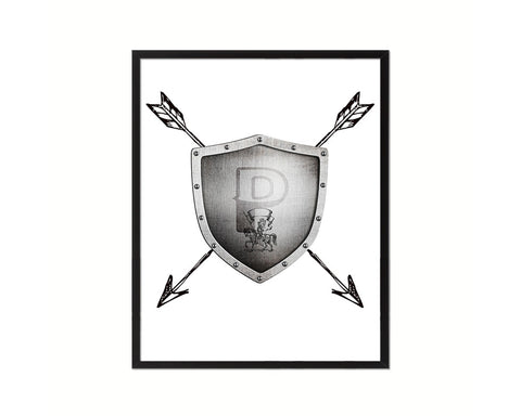 Letter P Medieval Castle Knight Shield Sword Monogram Framed Print Wall Art Decor Gifts