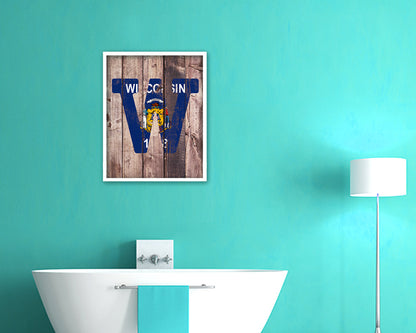 Wisconsin State Initial Flag Wood Framed Paper Print Decor Wall Art Gifts, Wood