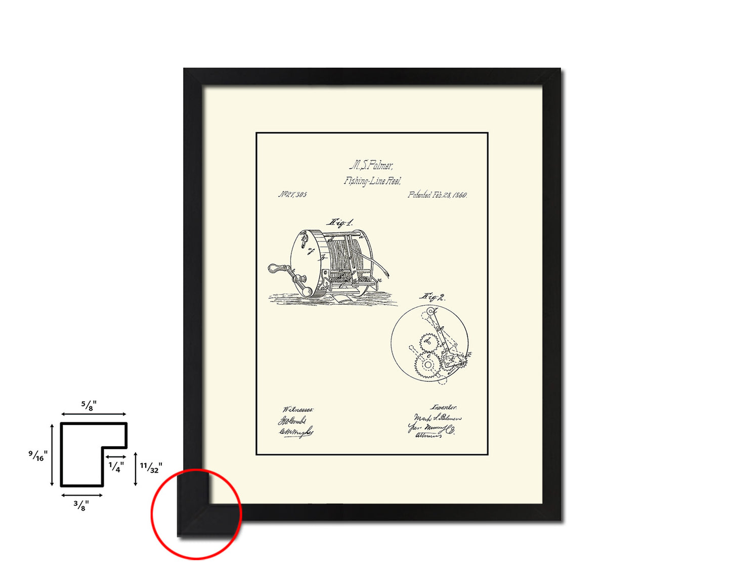 Line Reel Fishing Vintage Patent Artwork Black Frame Print Wall Art Decor Gifts