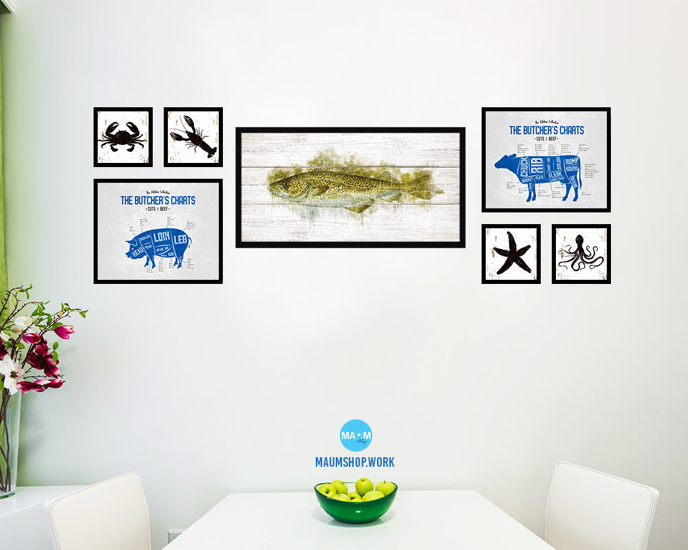 Cod Fish Art Wood Framed White Wash Restaurant Sushi Wall Decor Gifts, 10" x 20"
