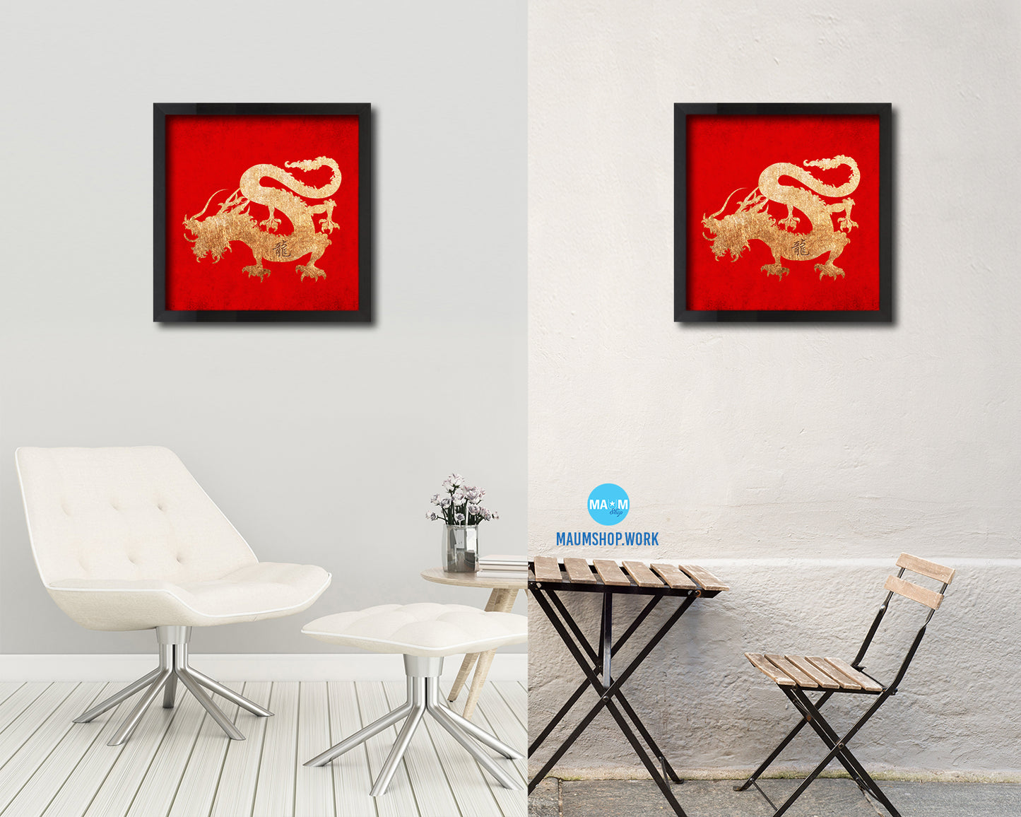 Dragon Chinese Zodiac Character Wood Framed Print Wall Art Decor Gifts, Red