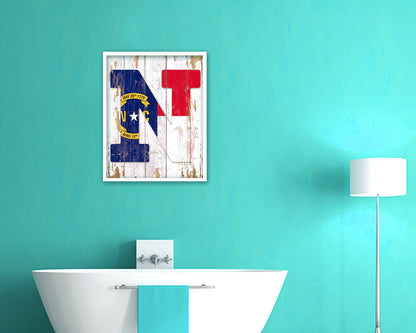 North Carolina State Initial Flag Wood Framed Paper Print Decor Wall Art Gifts, Beach