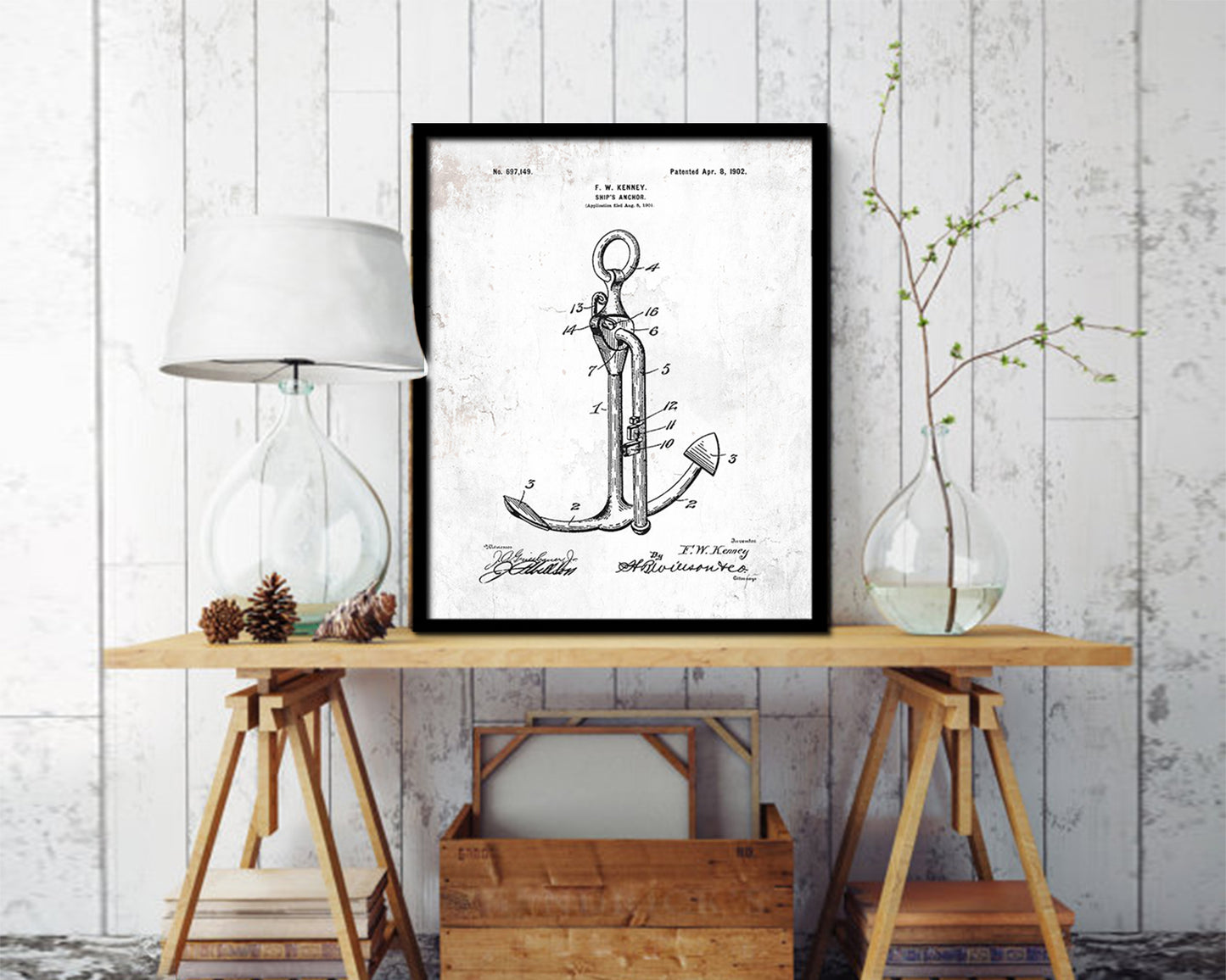 Anchor Nautical Vintage Patent Artwork Black Frame Print Gifts