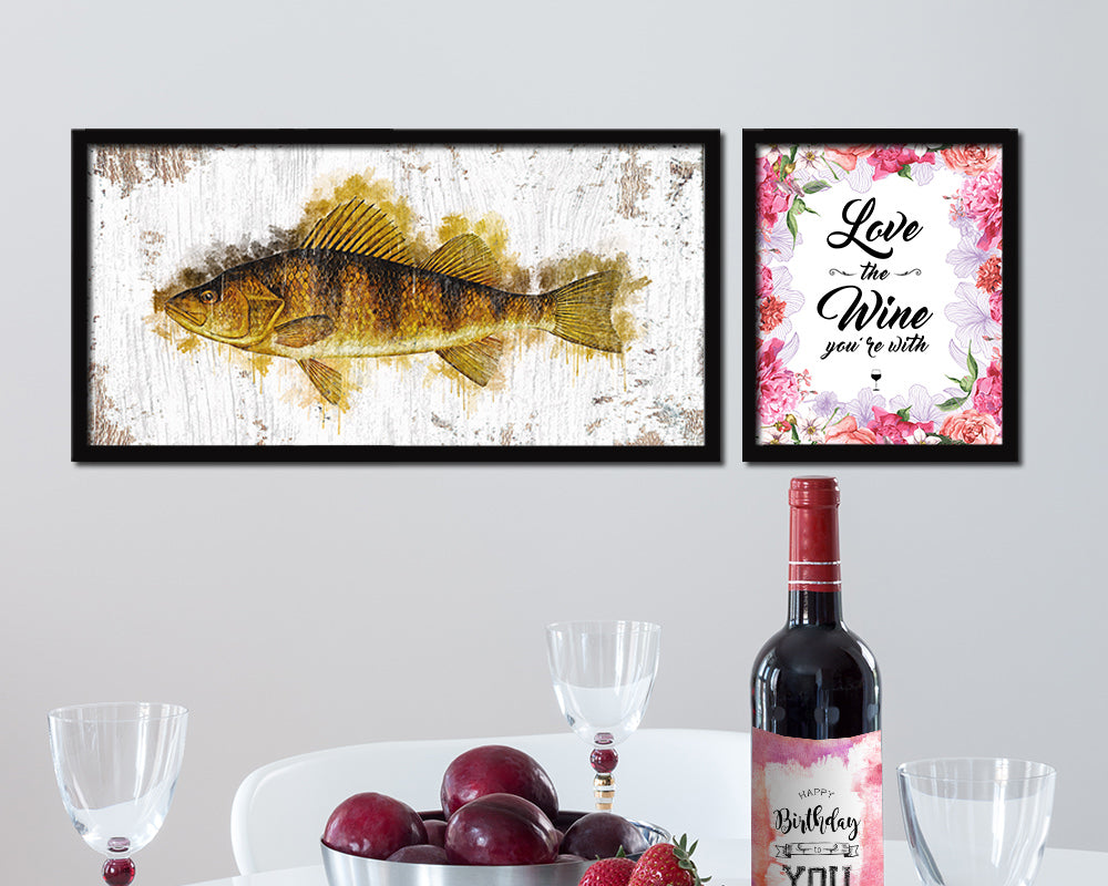 Yellow Perch Fish Art Wood Frame Shabby Chic Restaurant Sushi Wall Decor Gifts, 10" x 20"