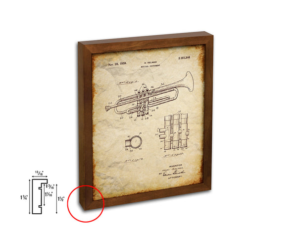 Trumpet Musical Instrument Music Vintage Patent Artwork Walnut Frame Gifts