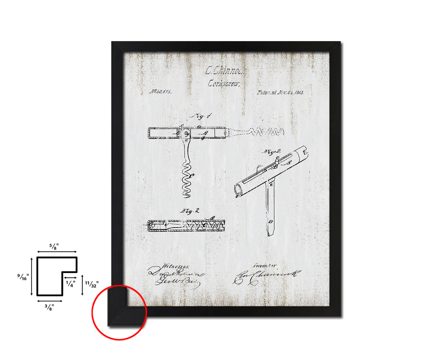 Corkscrew Wine Vintage Patent Artwork Black Frame Print Gifts