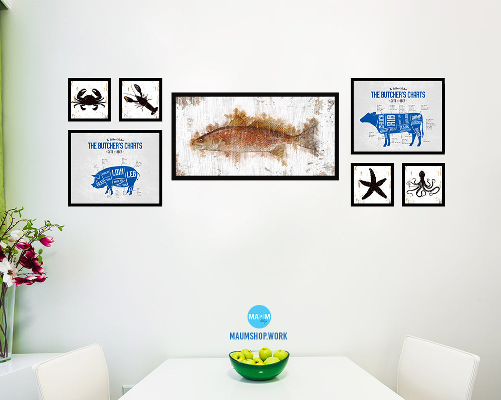 Red Drum Fish Art Wood Frame Shabby Chic Restaurant Sushi Wall Decor Gifts, 10" x 20"