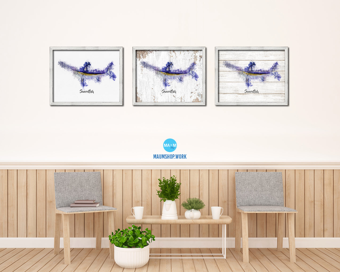Swordfish Fish Framed Prints Modern Restaurant Sushi Bar Watercolor Wall Art Decor
