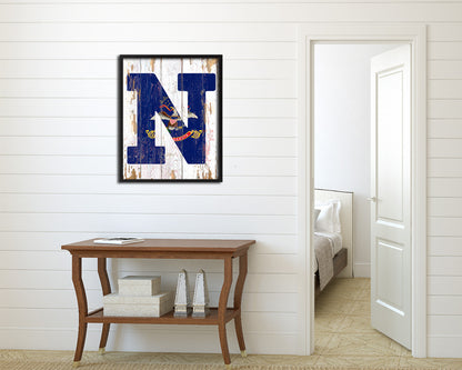 North Dakota State Initial Flag Wood Framed Paper Print Decor Wall Art Gifts, Beach