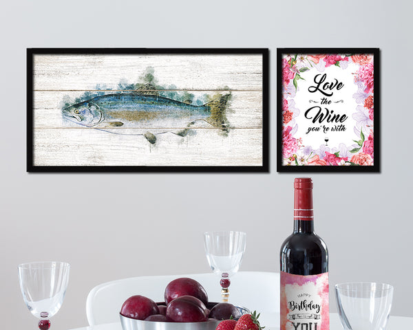 Pink Alaska Salmon Fish Art Wood Framed White Wash Restaurant Sushi Wall Decor Gifts, 10" x 20"