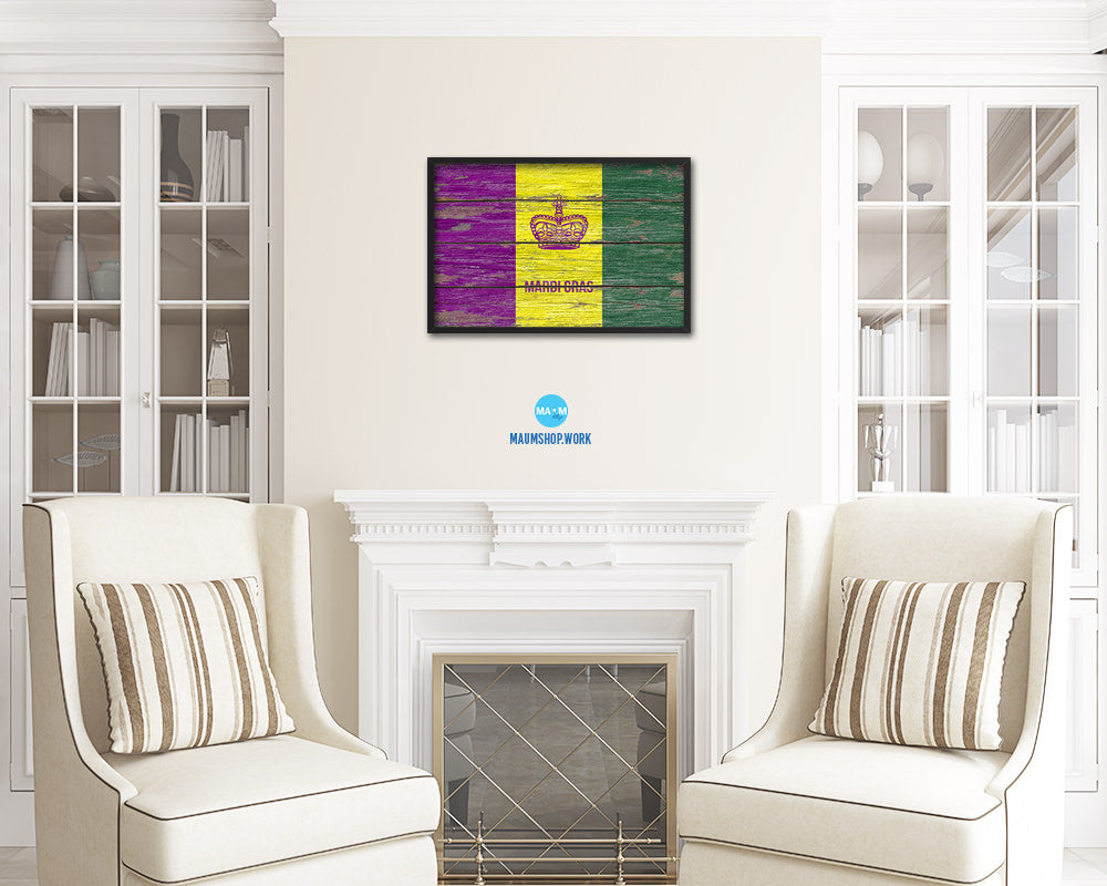 New Orleans Mardis Gras Rustic Flag Wood Framed Paper Prints Decor Wall Art Gifts