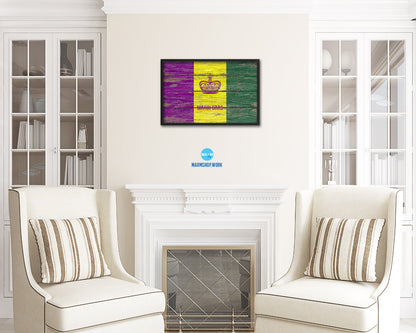 New Orleans Mardis Gras Rustic Flag Wood Framed Paper Prints Decor Wall Art Gifts