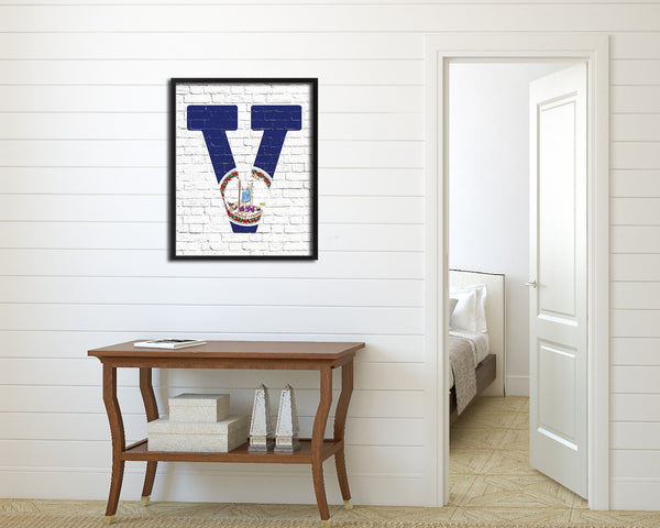 Virginia State Initial Flag Wood Framed Paper Print Decor Wall Art Gifts, Brick