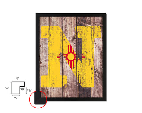 New Mexico State Initial Flag Wood Framed Paper Print Decor Wall Art Gifts, Wood