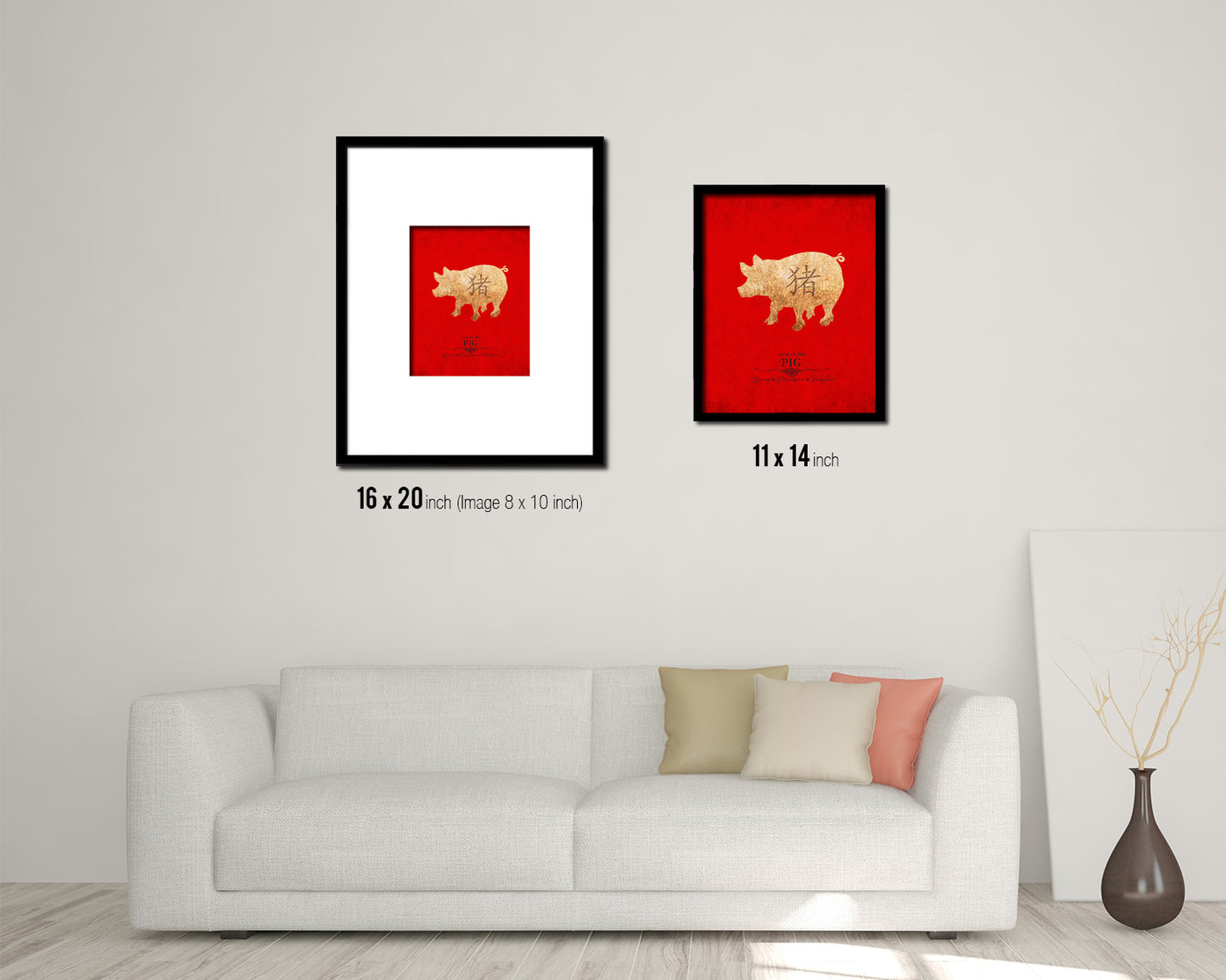 Pig Chinese Zodiac Character Black Framed Art Paper Print Wall Art Decor Gifts, Red