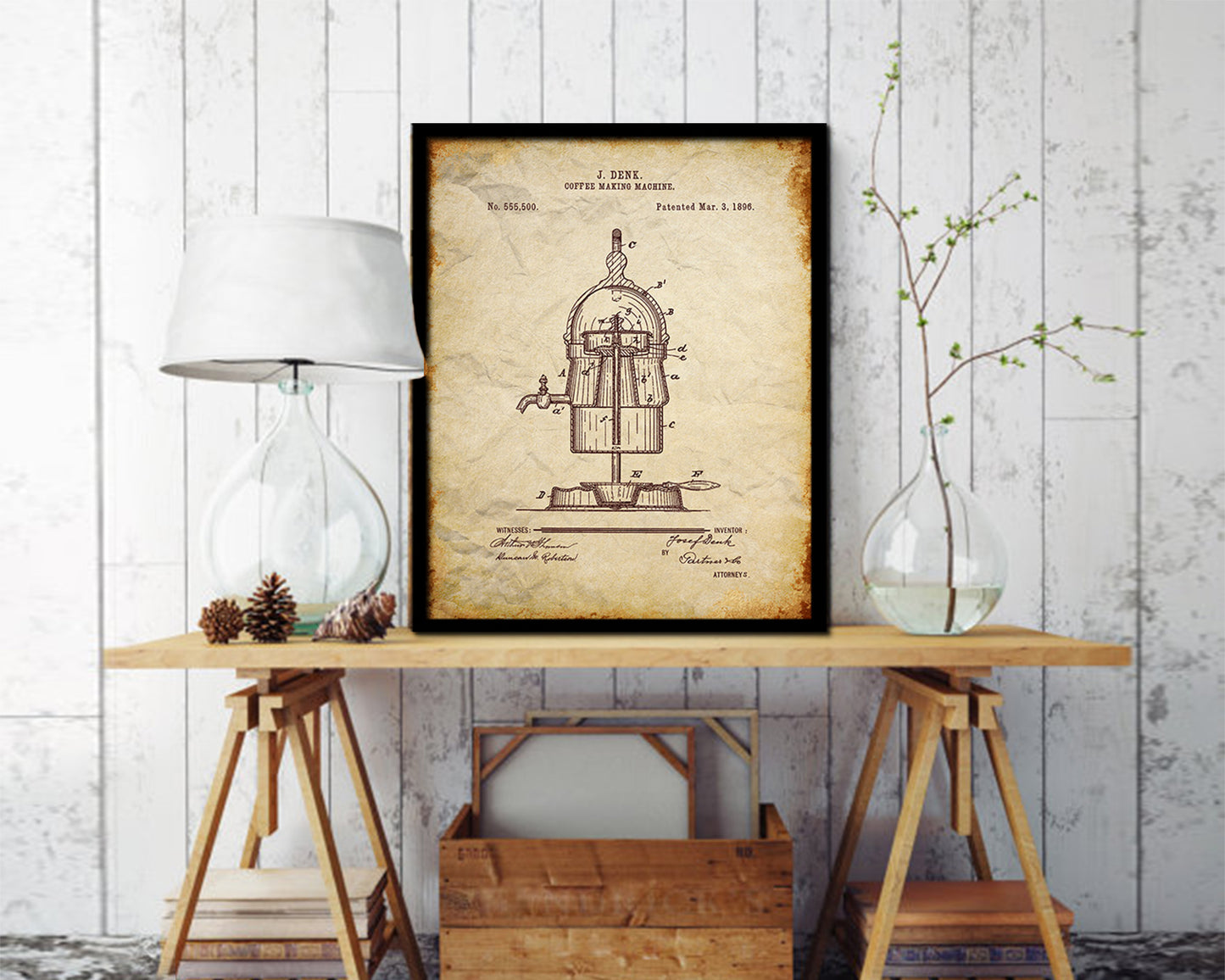Making Machine Coffee Vintage Patent Artwork Walnut Frame Print Wall Art Decor Gifts