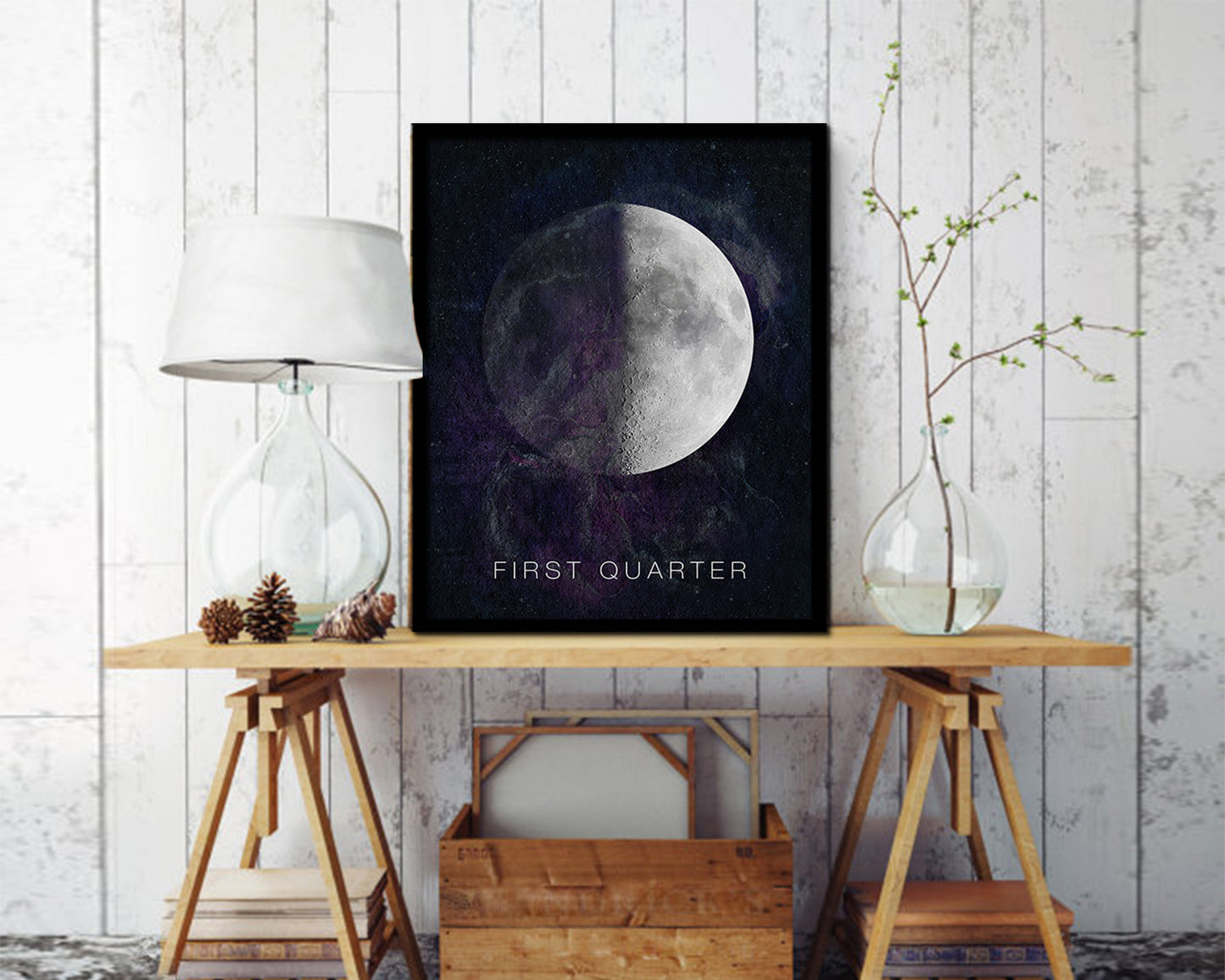 Waxing First Quarter Lunar Phases Moon Watercolor Nursery Framed Prints Home Decor Wall Art Gifts