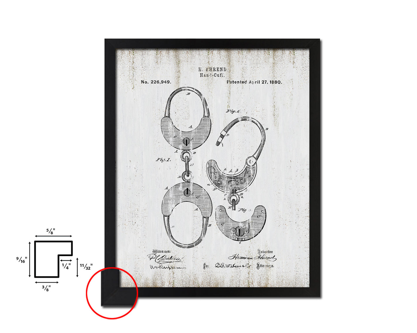 Handcuffs Police Vintage Patent Artwork Black Frame Print Wall Art Decor Gifts