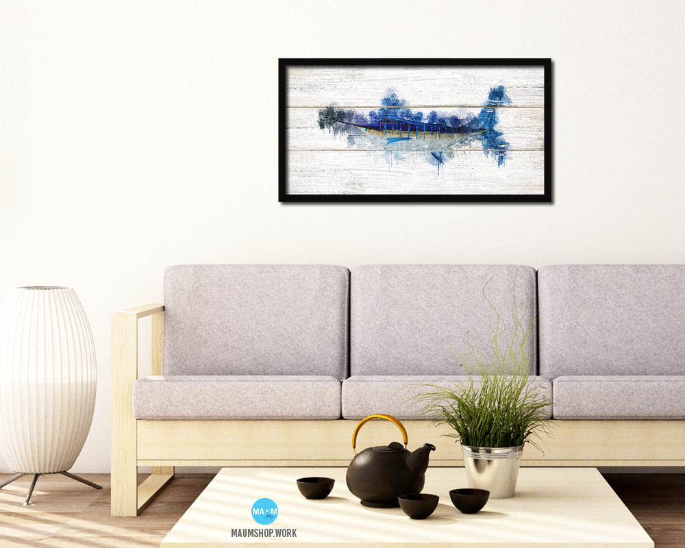 Blue Marlin Fish Art Wood Framed White Wash Restaurant Sushi Wall Decor Gifts, 10" x 20"