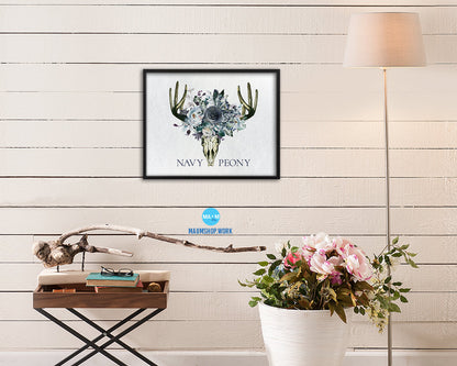Boho Navy Peony Wood Framed Print Bohemian Girls Room Nursery Wall Art Decor Gifts