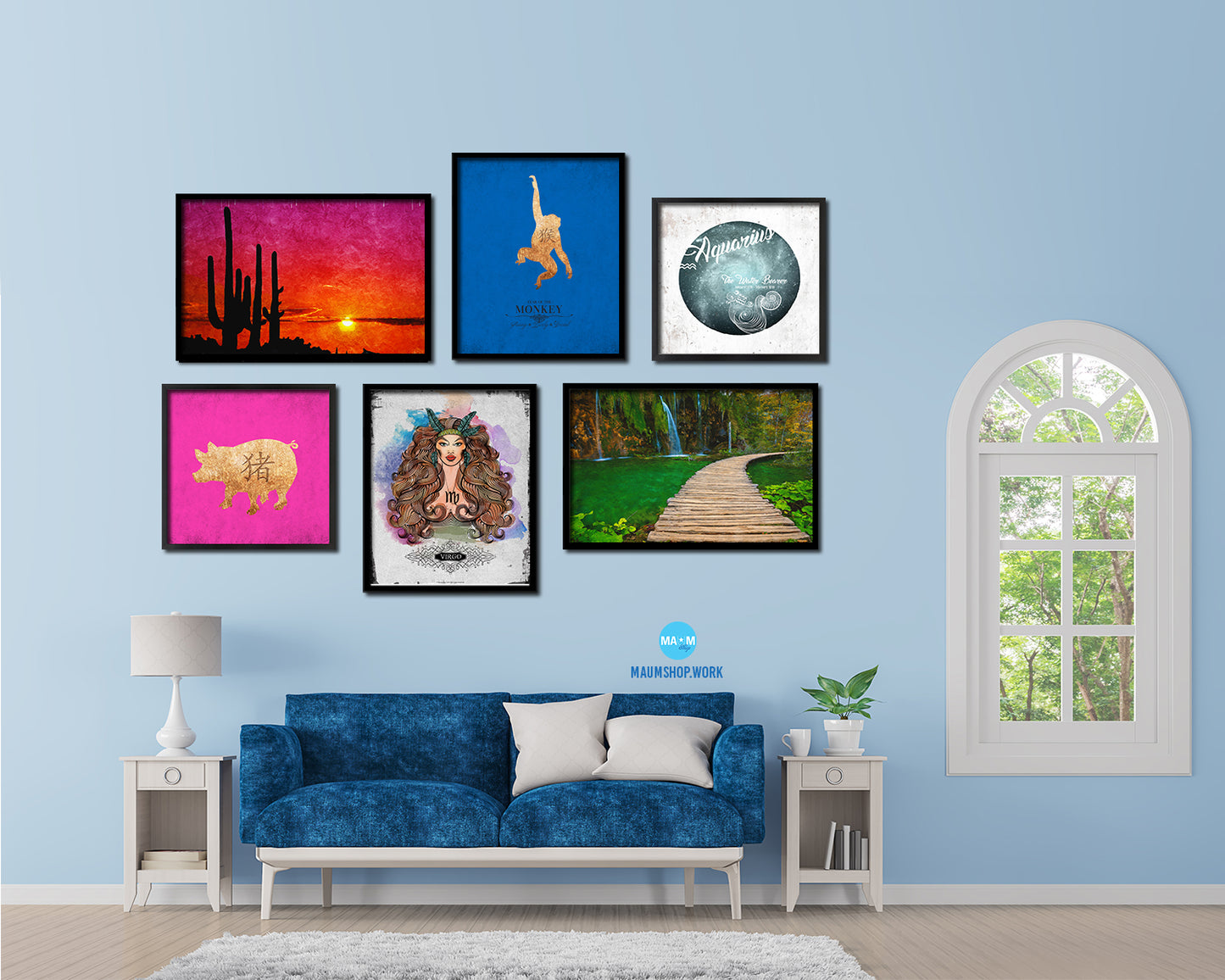 Monkey Chinese Zodiac Character Black Framed Art Paper Print Wall Art Decor Gifts, Blue