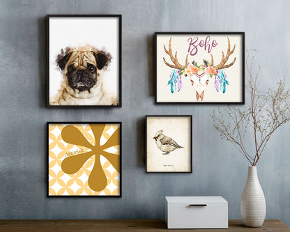 Pug Dog Puppy Portrait Framed Print Pet Watercolor Wall Decor Art Gifts