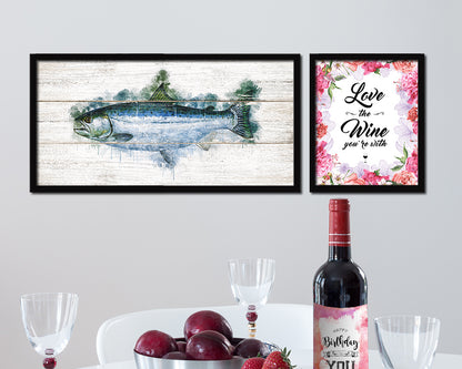 Salmon Fish Art Wood Framed White Wash Restaurant Sushi Wall Decor Gifts, 10" x 20"