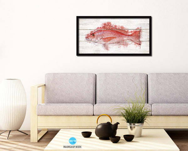 Red Snapper Fish Art Wood Framed White Wash Restaurant Sushi Wall Decor Gifts, 10" x 20"